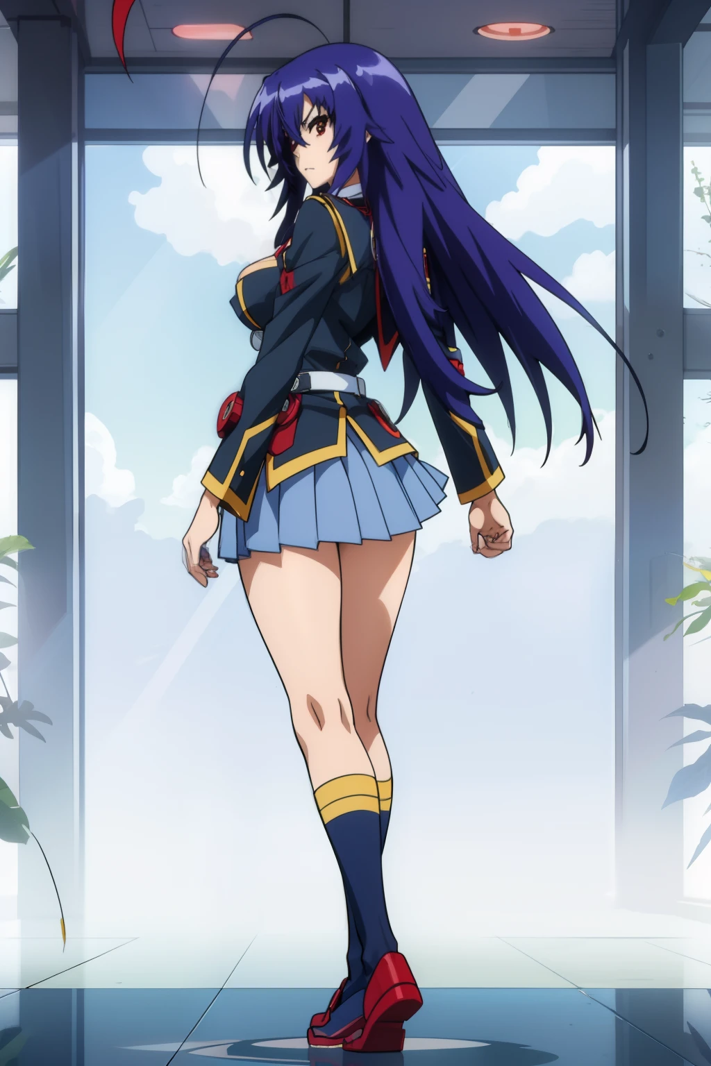 red eyes, kurokami medaka, red eyes, blue hair, long hair, ahoge, large breastsschool uniform, (front cleavage cutout:1), pleated skirt