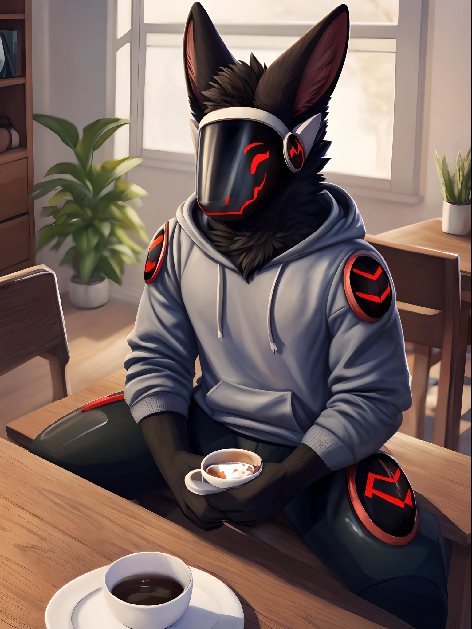 Protogen, male,.wearing cozy hoodie, red protogen visor, black fur, black fur, cup of tea on table, sitting in a dining room, happy,