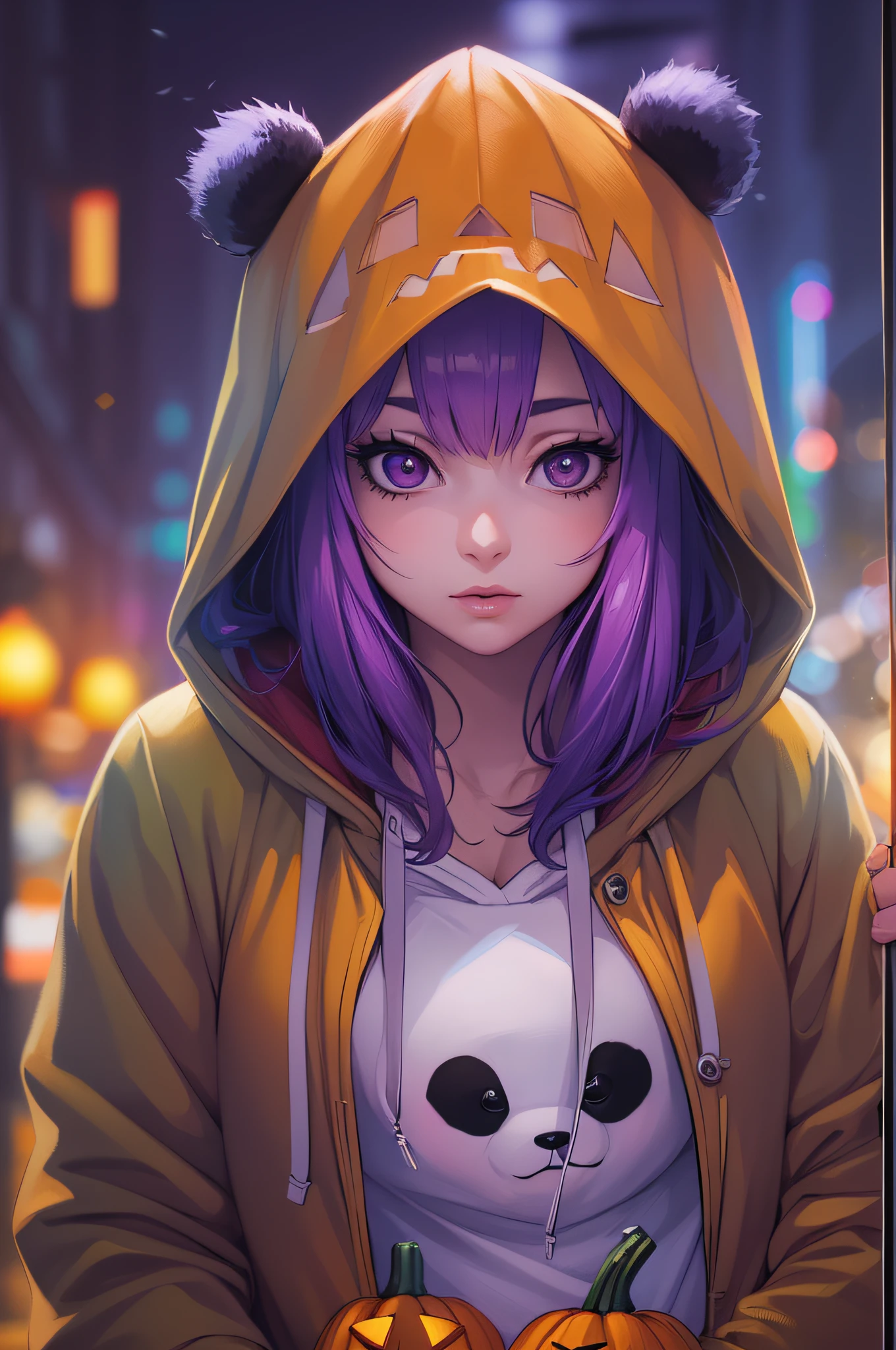 (girl with panda hoodie,anime woman),(pumpkin,halloween),(colorful), (vibrant colors),(best quality:1.2),(ultra-detailed),(photo-realistic:1.37),(soft lighting),(mysterious aura),(autumn atmosphere),(nighttime) purple hair