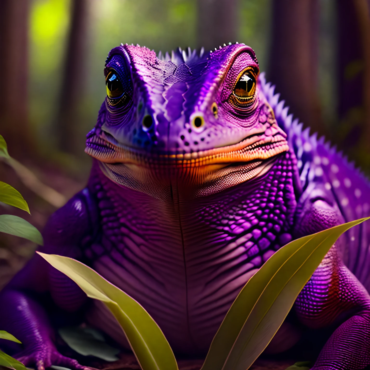 (((Obra maestra))) foto de un híbrido humano-lagarto, de modo amenazador, lizard eyes, piel morada, escamas en el cuerpo, garras grandes, bosque pantanoso, alto detalle, 8k, ultra realista
