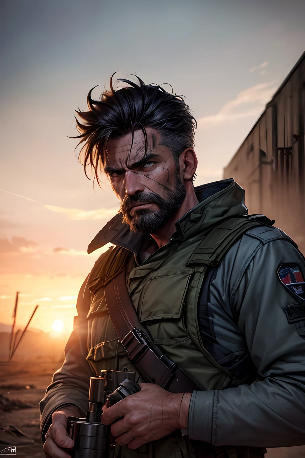 (soldier),man,tired,scruffy beard,facial scars,burnt,course hair,gray hair,grayish hair,angry expression,nervous,(best quality,4k,8k,highres,masterpiece:1.2),ultra-detailed,(realistic,photorealistic,photo-realistic:1.37),dark lighting,war scenery,deserted battlefield,smoke rising in the air,ruined buildings,worn-out uniform