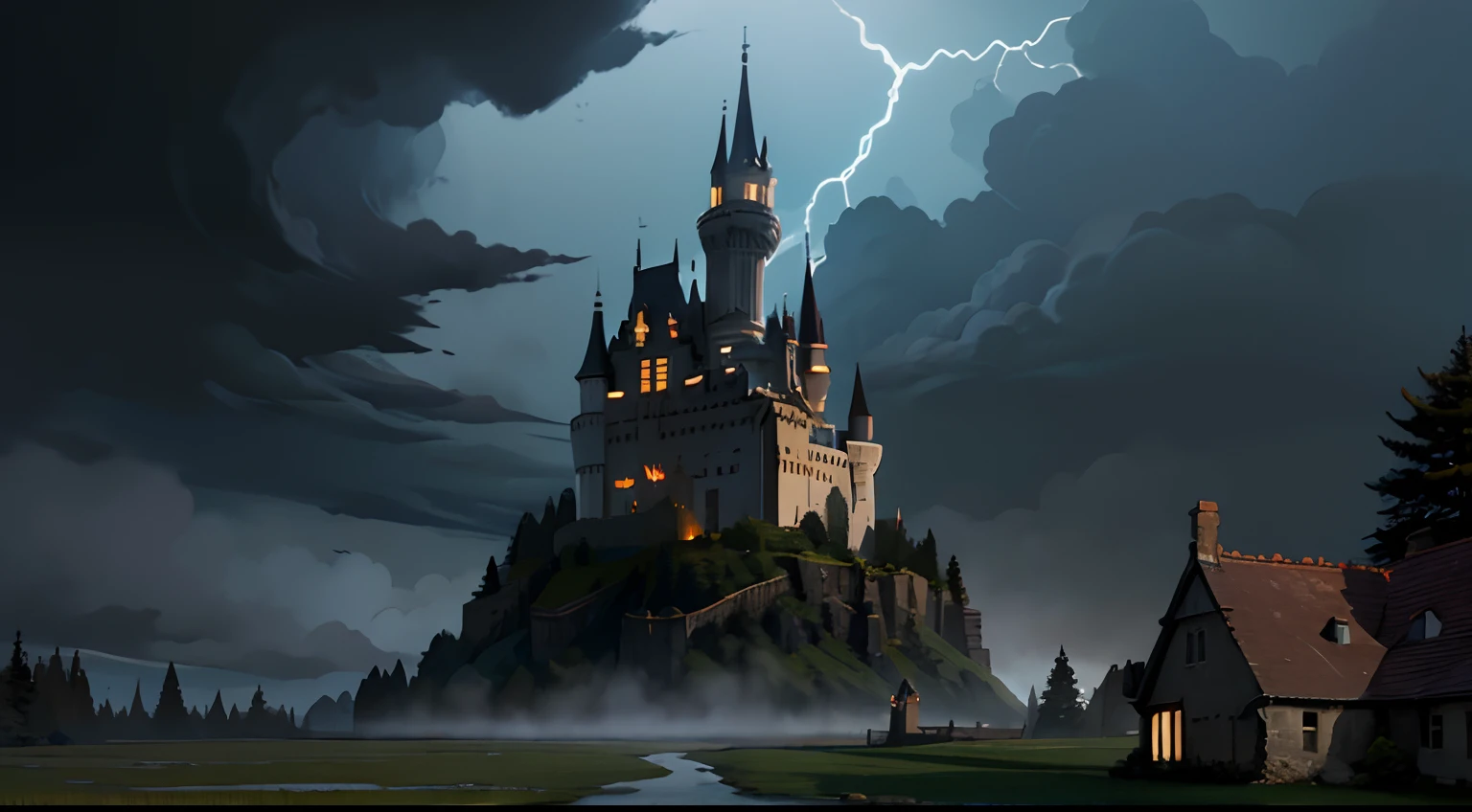cartoon style, 1 castle, scary castle, horror scene, dark setting, fog, storm clouds, lightning, abandoned castle, ruined castle,
