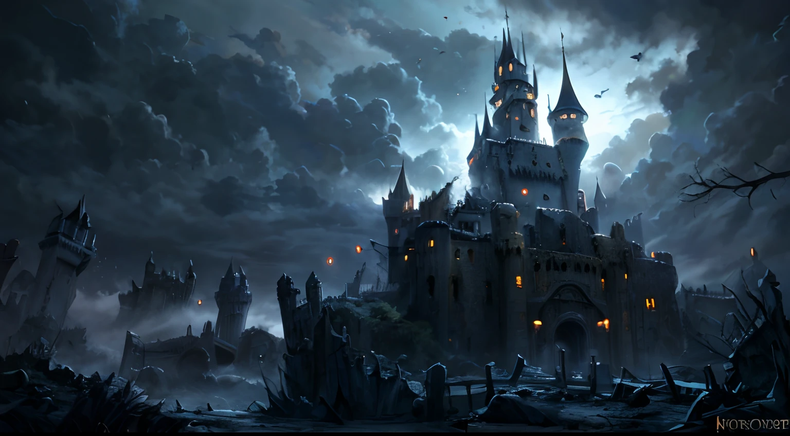卡通風格, 1 座城堡, 可怕的城堡, 恐怖场景, 黑暗環境, 多霧路段, 暴風雲, 闪电, 廢棄的城堡, 城堡廢墟,