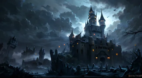cartoon style, 1 castle, scary castle, horror scene, dark setting, fog, storm clouds, lightning, abandoned castle, ruined castle...