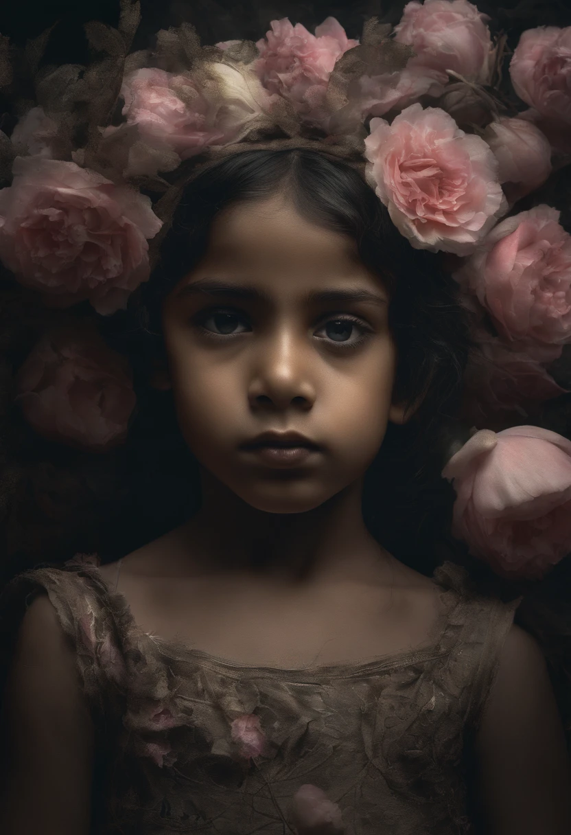An Indian child happily running towards the camera, Well-detailed face, Entre les fleurs, with cinematic light. The stage is filled with pink-colored flowers. The child's face is detailed, avec de beaux yeux, nez, and lips. Les fleurs sont en pleine floraison, with delicate petals and vibrant colors. The medium used to create this work is a painting, with ultra-detailed, photorealistic styling. Image quality is of the highest standard, with the best quality, 4k resolution, et des couleurs vives. The lighting of the stage is captivating, with soft, warm tones illuminating the  and the flowers.