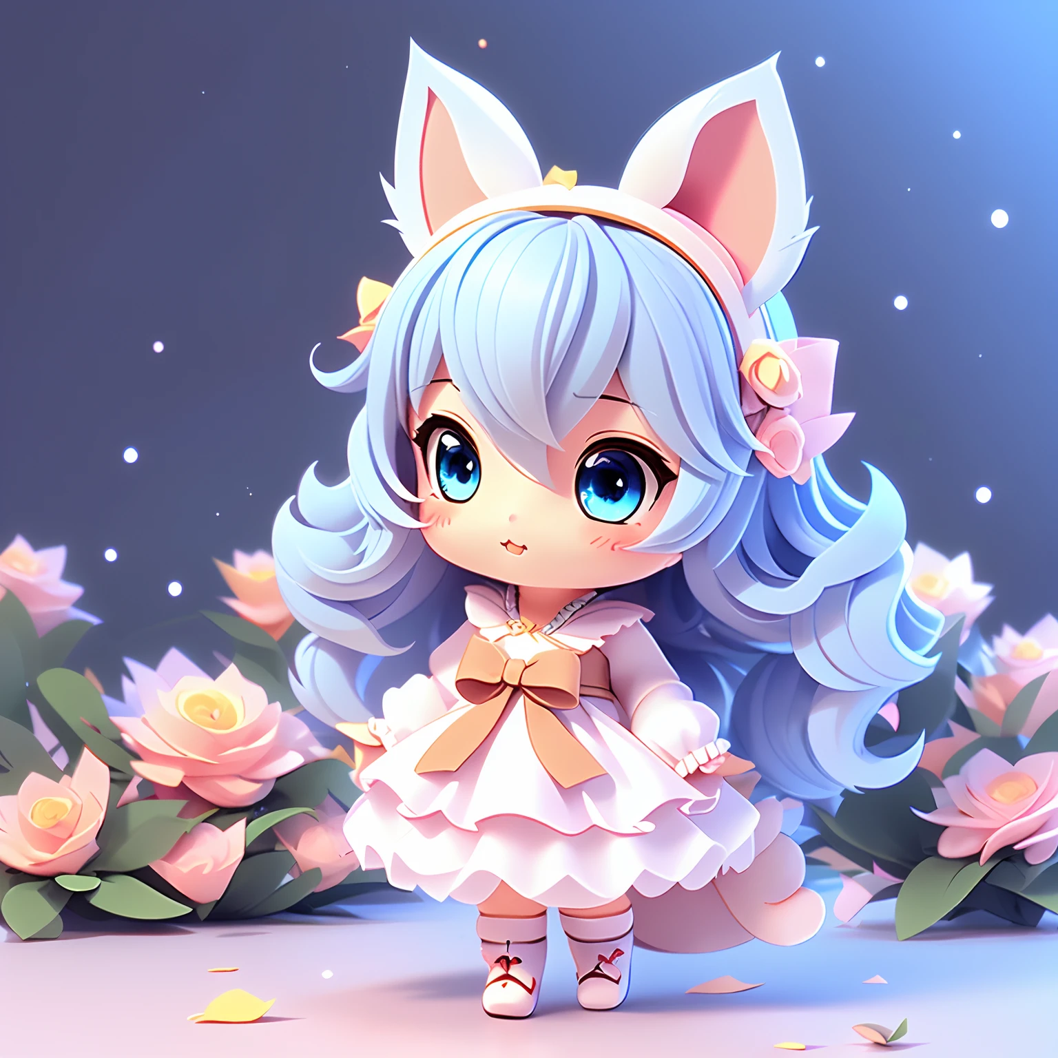 1girl, animal ears, tail, chibi, white hair, cat ears, solo, cat tail, long hair, hair ornament, cat girl, virtual youtuber, dress, blue eyes, ahoge, bow, white background, animal ear fluff, hairclip, holding