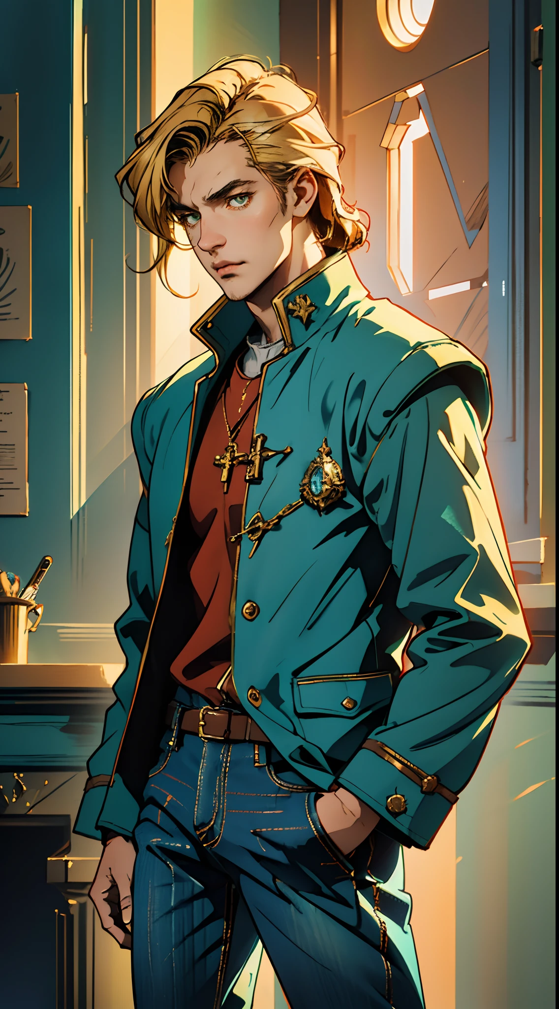 a young man, golden hair, Center-parted hairstyle, a cunning gaze, a fantasy-realistic style blue-red overcoat, a yellow-green undershirt, blue jeans, Within a medieval town of fantasy style, this character embodies a finely crafted fantasy-realistic style wise man in anime style, characterized by an exquisite and mature manga illustration art style, full body character drawing, high definition, best quality, highres, ultra-detailed, ultra-fine painting, extremely delicate, professional, anatomically correct, symmetrical face, extremely detailed eyes and face, high quality eyes, creativity, RAW photo, UHD, 8k, Natural light, cinematic lighting, masterpiece-anatomy-perfect, masterpiece:1.5