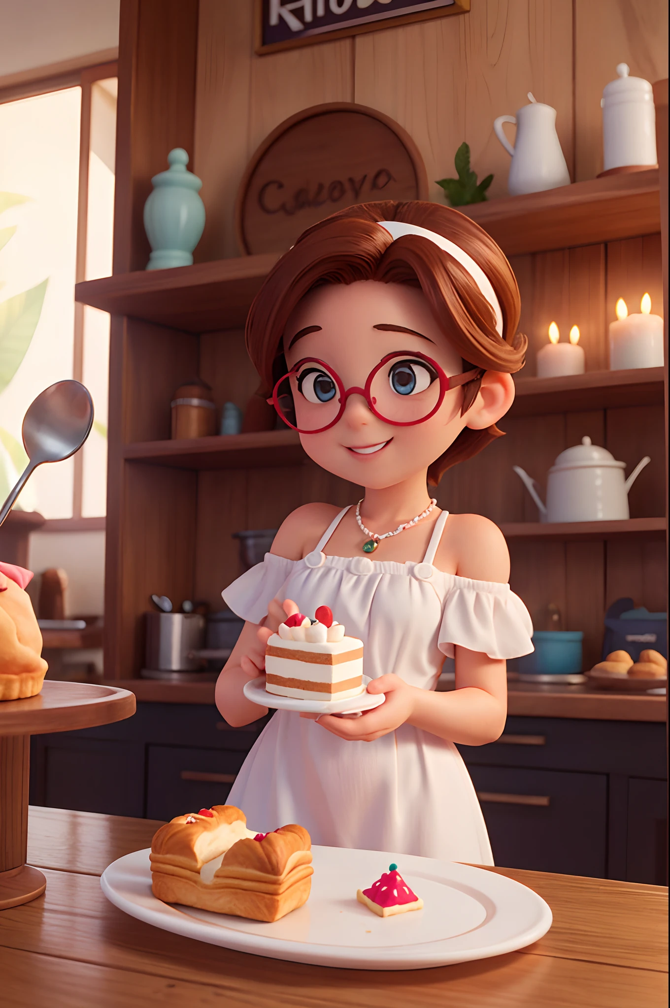 Créez une affiche de style Disney mettant en vedette un personnage féminin de 40 ans, Derrière les lunettes à monture pour femmes, cheveux châtain clair mi-longs, Sourire heureux, petit menton, . Les cheveux doivent être bouclés, S’est un peu affaissé sur les épaules. Vêtements de confiseur. Tenir un petit gâteau d’anniversaire dans une pâtisserie.