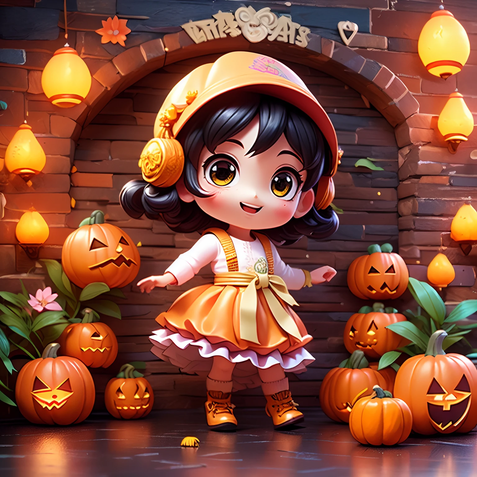 (((Mini chibi bruxa negra UHD ))) Com seu lindo Arco de bruxa que deve conter babados+fitilhos+detalhista em tons laranja, Deve ficar charmoso e bonito, Keep the iconic elements of the original character. Chibi Halloween Million Pumpkins Should Have a Round Face with Large Dimensions, olhos claros, long eyelashes and rosy cheeks. Seu cabelo deve ser preto encaracolado grande . Vestido elegante: Dress up chibi in a luxurious and elegant dress in pretoria tones, Golden English embroidery details . O vestido pode ter babados, renda & Details made from pumpkins , A reference to the Halloween theme . Add loops or ribbons, Para dar um toque de delicadeza. avental & Arco : Add a pumpkin-toned apron over the Chibi dress, It is tied at the waist with a thin bow. O avental pode ter pequenos detalhes, such as pockets or fine embroidery of pumpkins.Meias e sapatos de boneca luxuosa : Complete the chibi look with pumpkin striped socks or fun details. standingn, Coloque botas bonitos, with ties or pumpkin buckles . Magic Accessories: Add charming accessories to the chibi .Certifique-se de adicionar sombras, texturas e detalhes nos cabelos, Chibi Pumpkin , pirulitos Ternos & Accessories, to make it even more charming and charming. Give him a smiling expression and a smile on his face, Capturing the essence of the character in a subtle way, delicate hands,( Scenery of a forest in the moonlight +Esqueletos+skulls+Velas+paisagem surrealista profunda, Porta-velas tema de Halloween) UHD16k