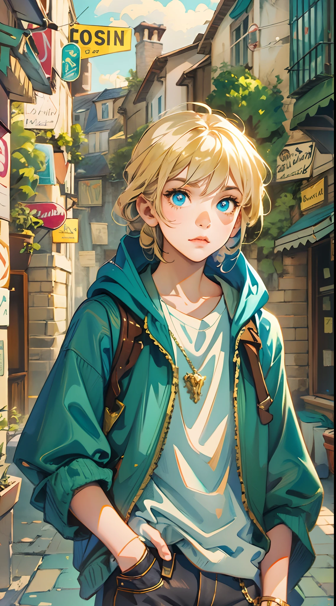 An 11-year-old boy with golden hair, Center-parted hairstyle, a cunning gaze, a slender figure, a fantasy-realistic style blue sleeveless vest with a hood, a yellow-green undershirt, blue jeans, Within a medieval town of fantasy style, this character embodies a finely crafted  with a fantasy-realistic style in anime style, characterized by an exquisite and mature manga illustration art style, full body character drawing, high definition, best quality, highres, ultra-detailed, ultra-fine painting, extremely delicate, professional, anatomically correct, symmetrical face, extremely detailed eyes and face, high quality eyes, creativity, RAW photo, UHD, 8k, Natural light, cinematic lighting, masterpiece-anatomy-perfect, masterpiece:1.5
