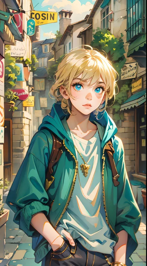 An 11-year-old boy with golden hair, Center-parted hairstyle, a cunning gaze, a slender figure, a fantasy-realistic style blue s...