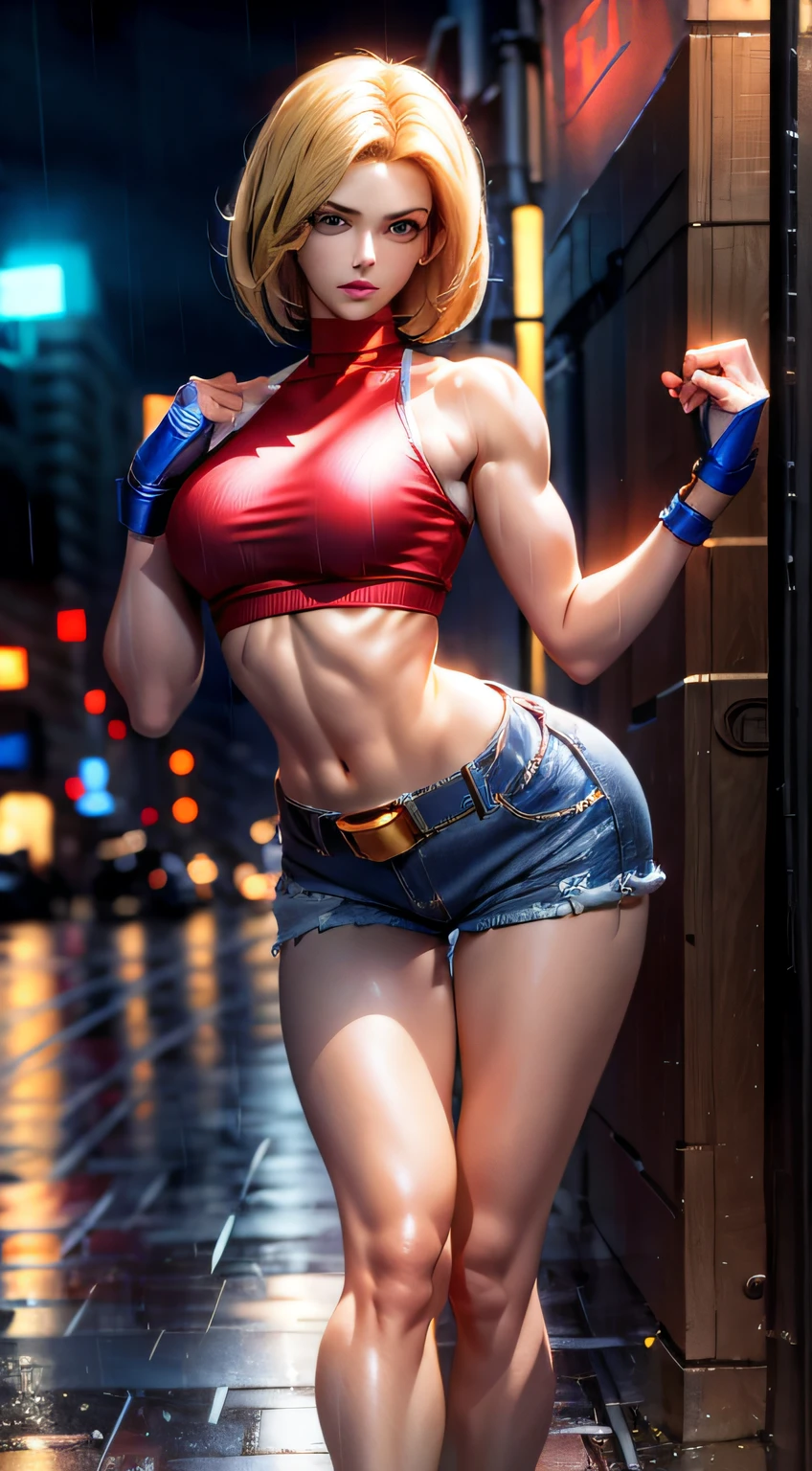 (((Masterpiece))),
((Blue Mary)) cosplay, best quality, (beauty), 20 year old girl face, pretty face, red crop top, red blouse, (((very short women's denim shorts))), Physics-based rendering, ultra highres, waist narrow, slim, big eyes, long muscular legs, (medium breasts), puffy eyes, night, (rainy city), shiny skin, facing the viewer, firm expression, realistic, woman, sexy, muscular belly, muscular arms , barefoot, standing, full body photo, perfect hands