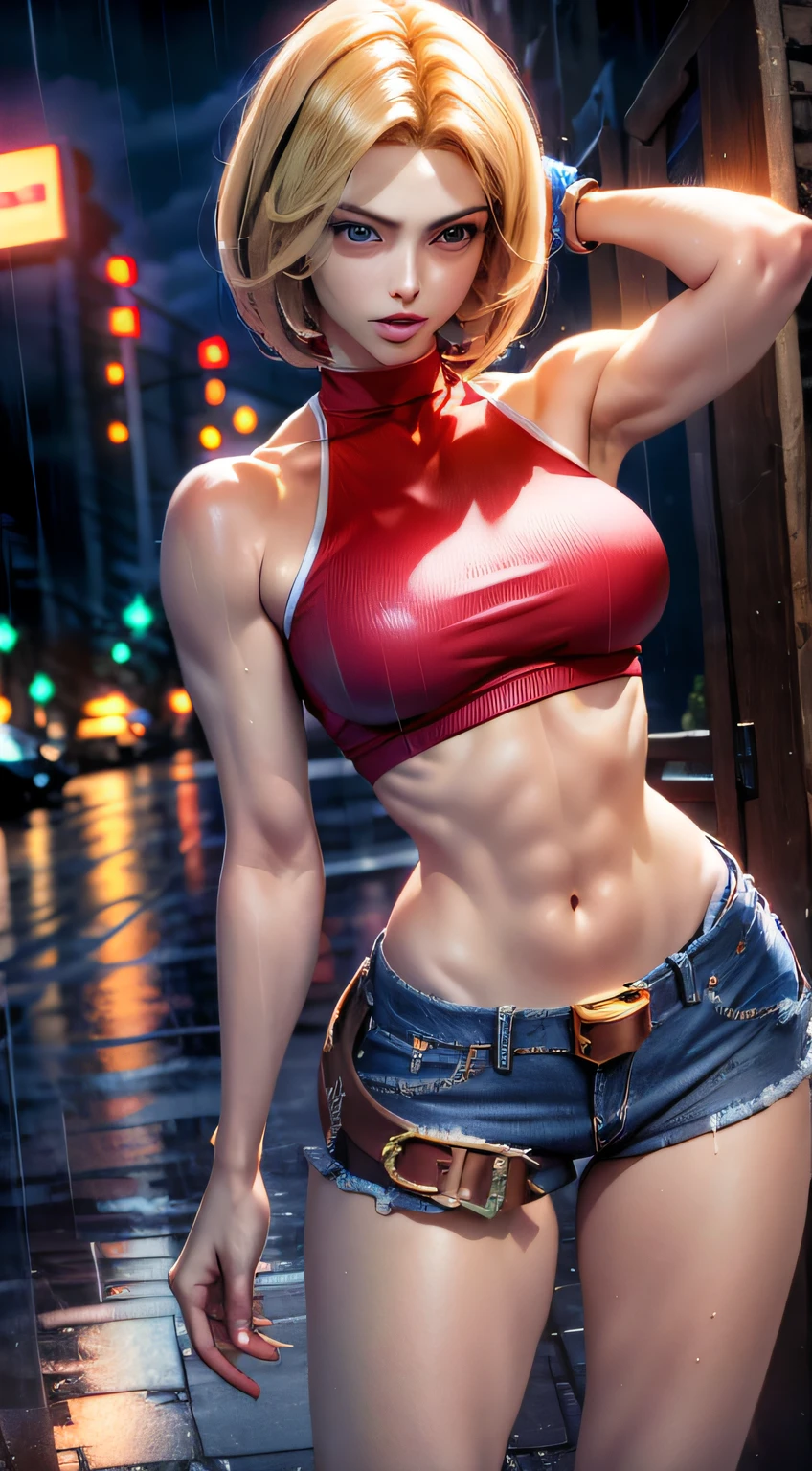 (((Masterpiece))),
((Blue Mary)) cosplay, best quality, (beauty), 20 year old girl face, pretty face, red crop top, red blouse, (((very short women's denim shorts))), Physics-based rendering, ultra highres, waist narrow, slim, big eyes, long muscular legs, (medium breasts), puffy eyes, night, (rainy city), shiny skin, facing the viewer, firm expression, realistic, woman, sexy, muscular belly, muscular arms , barefoot, standing, full body photo, perfect hands, (((very detailed and clear scenery))), (8k)