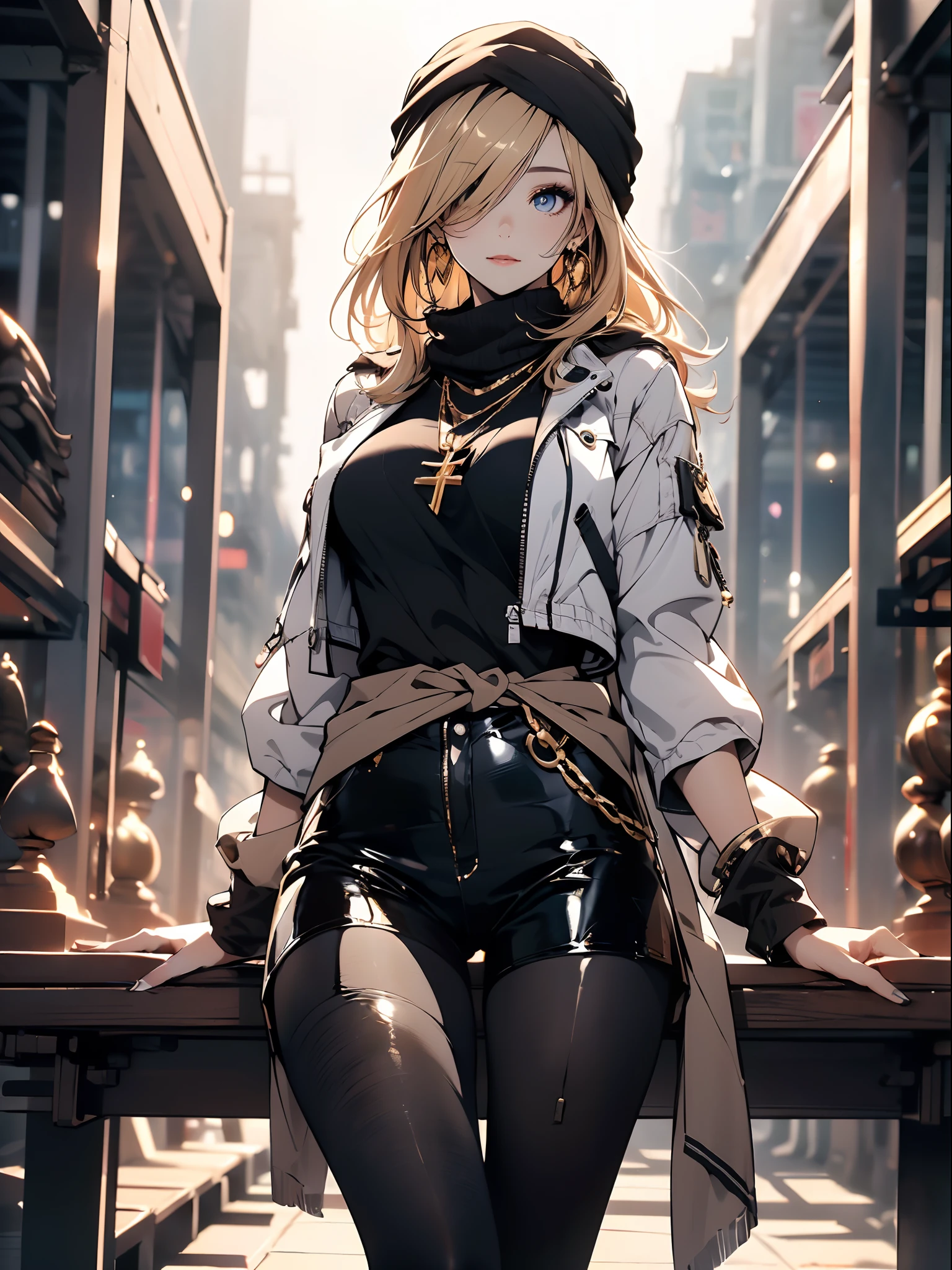 a matured woman with long hair and a white outfit, (in a desert:1.5, resting in oasis:1.2, at lakeside:1.2, sitting cross-legged:1.0, Indian style), Arabic, (Post apocalyptic:1.0), from arknights, artwork in the style of guweiz, bodyesbian, fine details. girls frontline, beautiful anime illustration, from girls frontline, by Yang J, stunning, 26 years old, (solo:1.5), (sfw:1.25), sagging breast, large breasts, big , thin waist, big ass, Raised sexy, (dark mahogany medium short hair, updo, hair over one eye, asymmetric hair, Carly hair, low tied),(musulman, Headscarfs, hair bands, head vandage, Turban), (ultra high resolution, 8K RAW photo, photo realistics, weak outline:1.3, clear focus), best qualtiy, natural lighting, blurry back ground, field depth, (Bright pupils, detailed beautiful eyes, high detailed face), Red lip, looking at viewers, (tight focus:1.2, from above), sexy posing, seductive weak smiling, center image, (wearing white long jacket and clothes, wearing short pants, gold ornaments, white clothes rolling around waist, camel-brown long leather boots, translucent lace pantyhose), ((correct anatomy:1.5)), ((outdoor:1.2)),