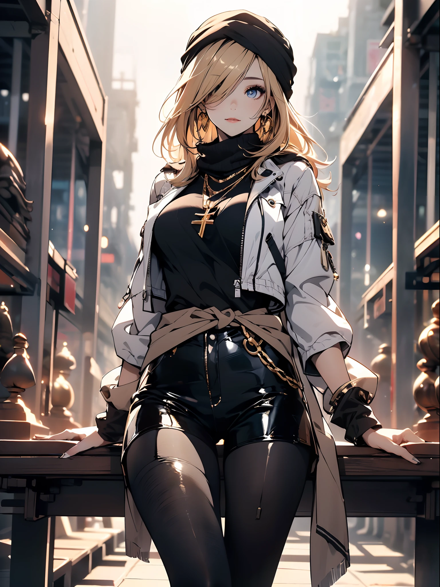 a matured woman with long hair and a white outfit, (in a desert:1.5, resting in oasis:1.2, at lakeside:1.2, sitting cross-legged:1.0, Indian style), Arabic, (Post apocalyptic:1.0), from arknights, artwork in the style of guweiz, bodyesbian, fine details. girls frontline, beautiful anime illustration, from girls frontline, by Yang J, stunning, 26 years old, (solo:1.5), (sfw:1.25), sagging breast, large breasts, big tits, thin waist, big ass, Raised sexy, (dark mahogany medium short hair, updo, hair over one eye, asymmetric hair, Carly hair, low tied),(musulman, Headscarfs, hair bands, head vandage, Turban), (ultra high resolution, 8K RAW photo, photo realistics, weak outline:1.3, clear focus), best qualtiy, natural lighting, blurry back ground, field depth, (Bright pupils, detailed beautiful eyes, high detailed face), Red lip, looking at viewers, (tight focus:1.2, from above), sexy posing, seductive weak smiling, center image, (wearing white long jacket and clothes, wearing short pants, gold ornaments, white clothes rolling around waist, camel-brown long leather boots, translucent lace pantyhose), ((correct anatomy:1.5)), ((outdoor:1.2)),