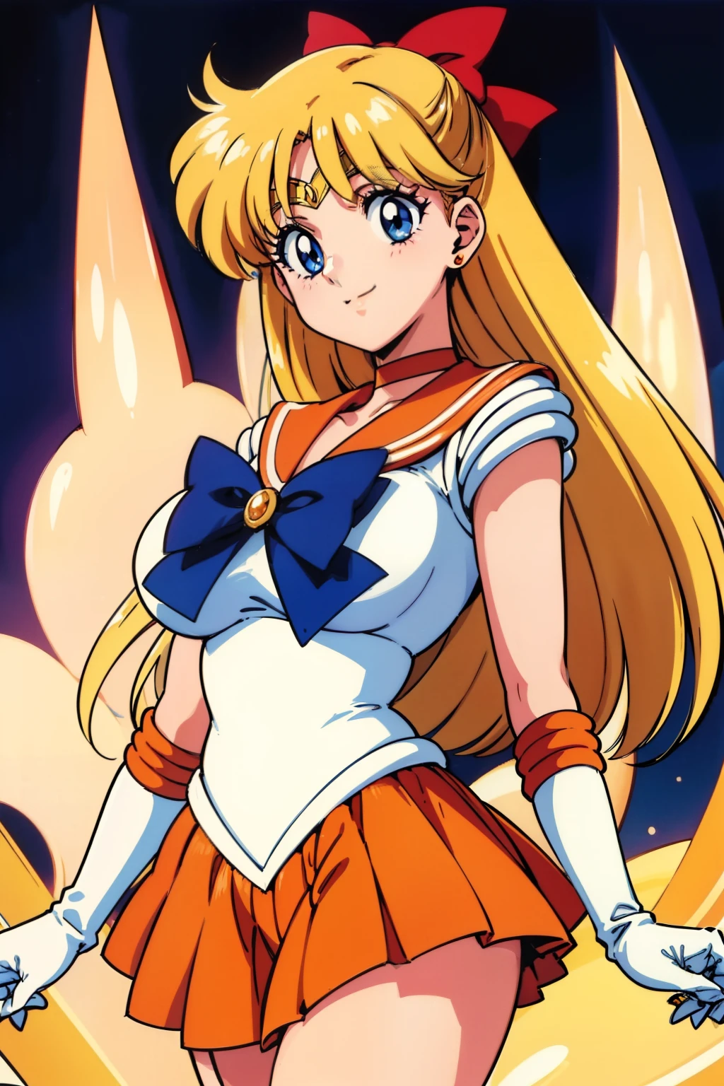 1990s \(style\), 1990s anime cels style, big eyes, Best Quality, High resolution, large breasts, sv1, sailor senshi uniform, orange skirt, elbow gloves, tiara, pleated skirt, orange sailor collar, red bow, orange choker, white gloves, jewelry, smile, night