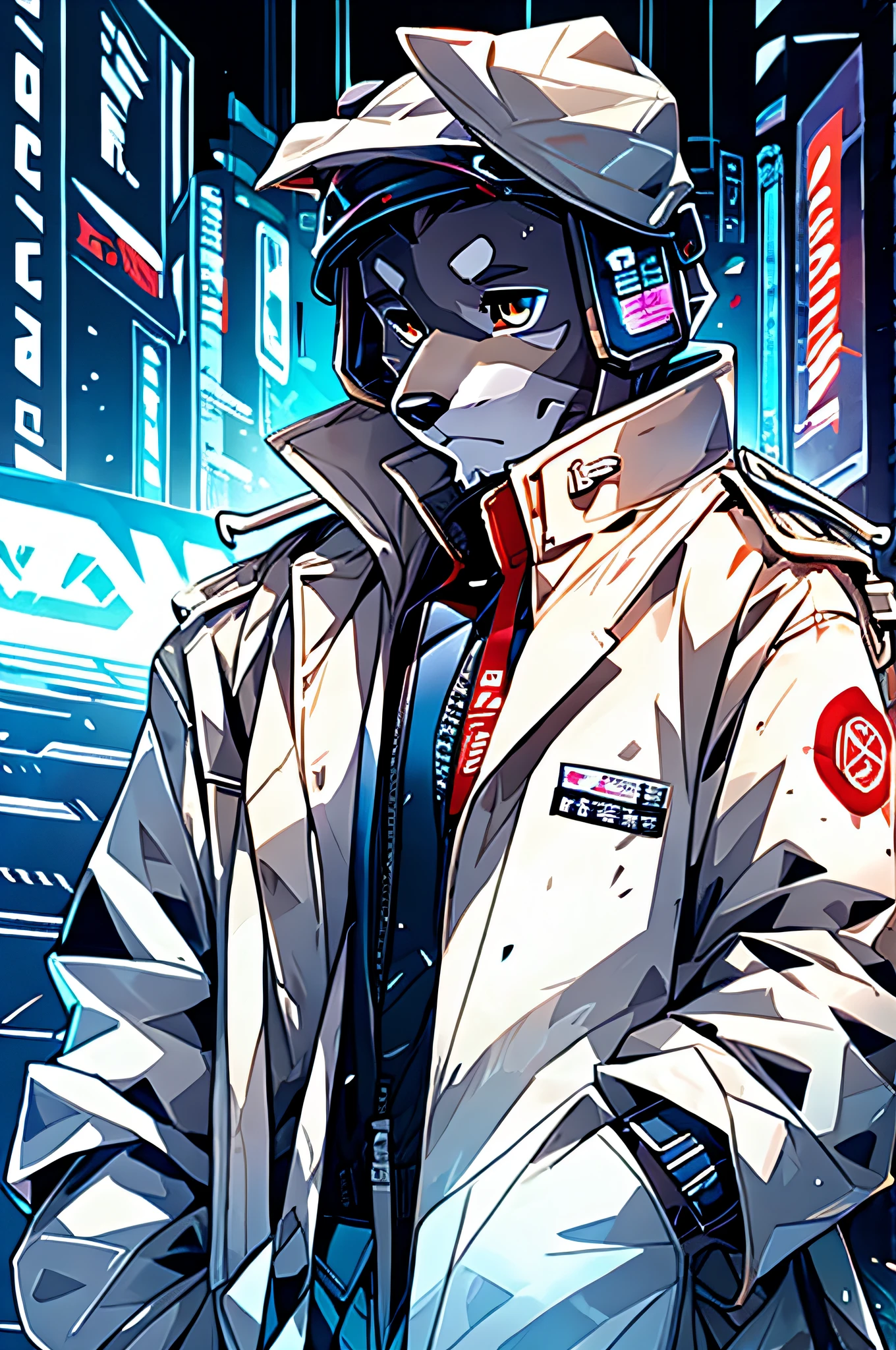 (Man in a trench coat)comic strip、Anthropomorphic Schnauzer Dog、cyberpunked