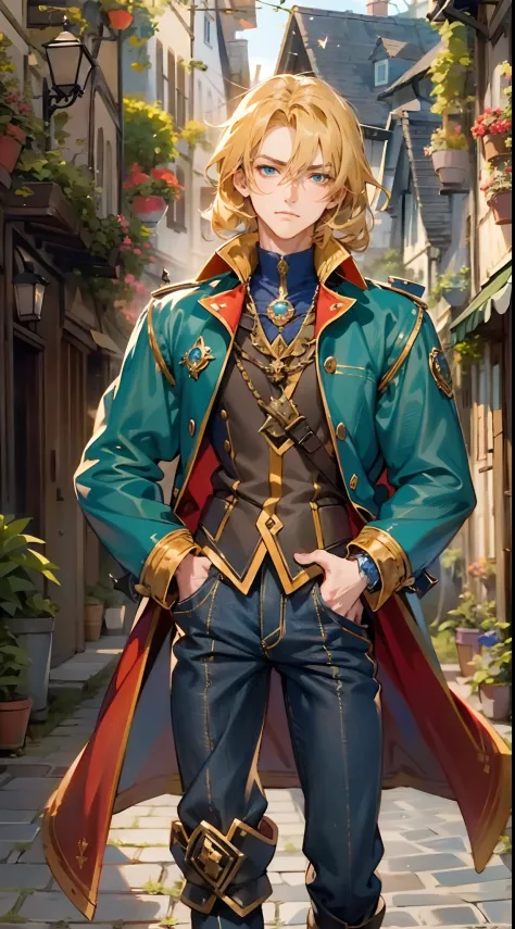 a young man, golden hair, Center-parted hairstyle, a cunning gaze, a fantasy-realistic style blue-red overcoat, a yellow-green undershirt, blue jeans, Within a medieval town of fantasy style, this character embodies a finely crafted fantasy-realistic style...