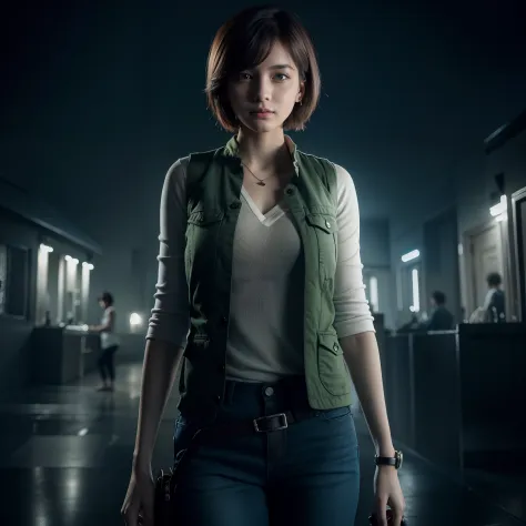 best quality, short  hair, white jeans, beautiful face, shy expression, green vest