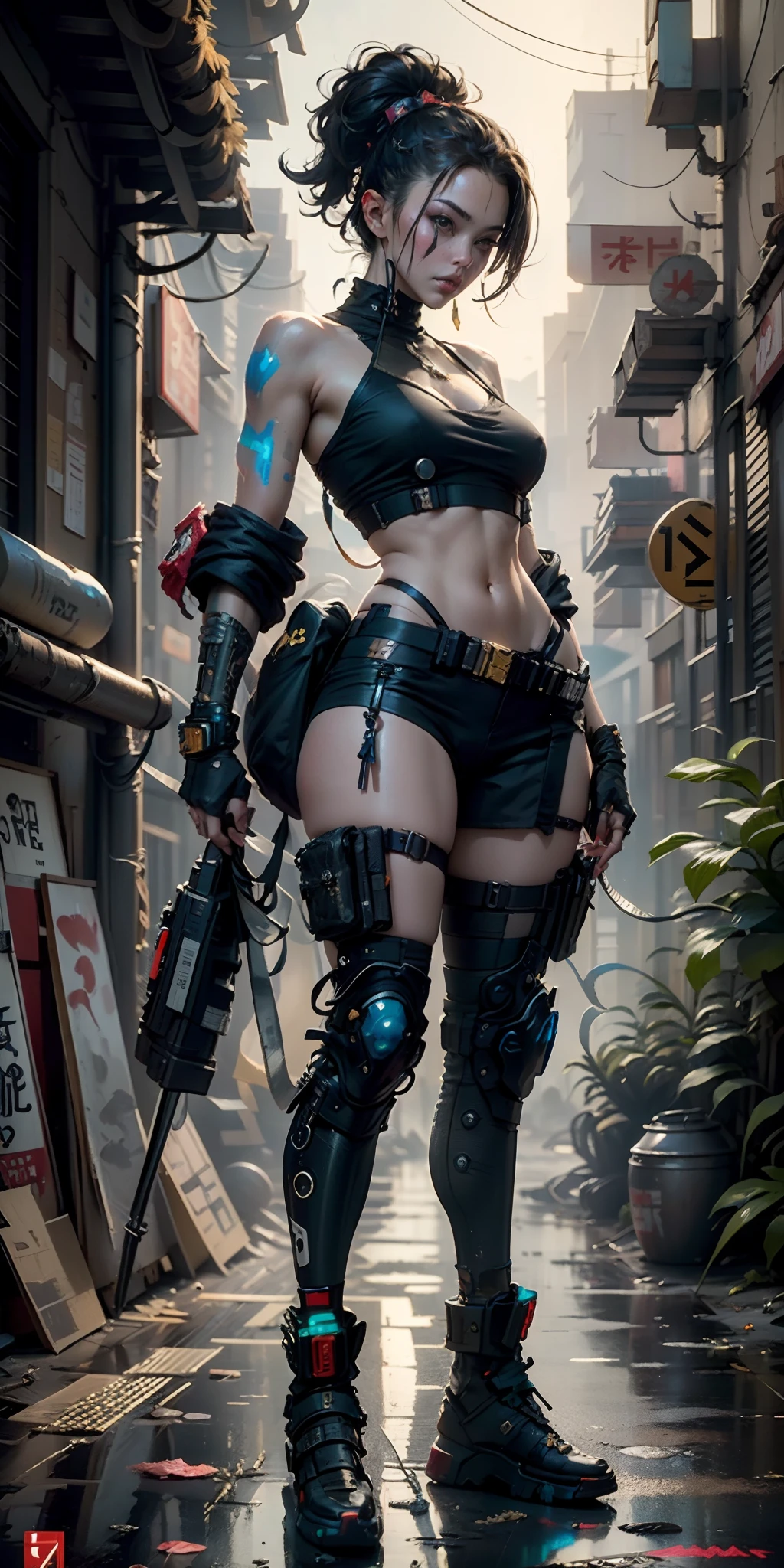 ((최고의 품질)), ((걸작)), (매우 상세한:1.3), 3D, 아름다운 (사이버펑크:1.3) 두꺼운 엉성한 머리를 가진 거리 사무라이 여자, 엉덩이에 착용하는 권총.