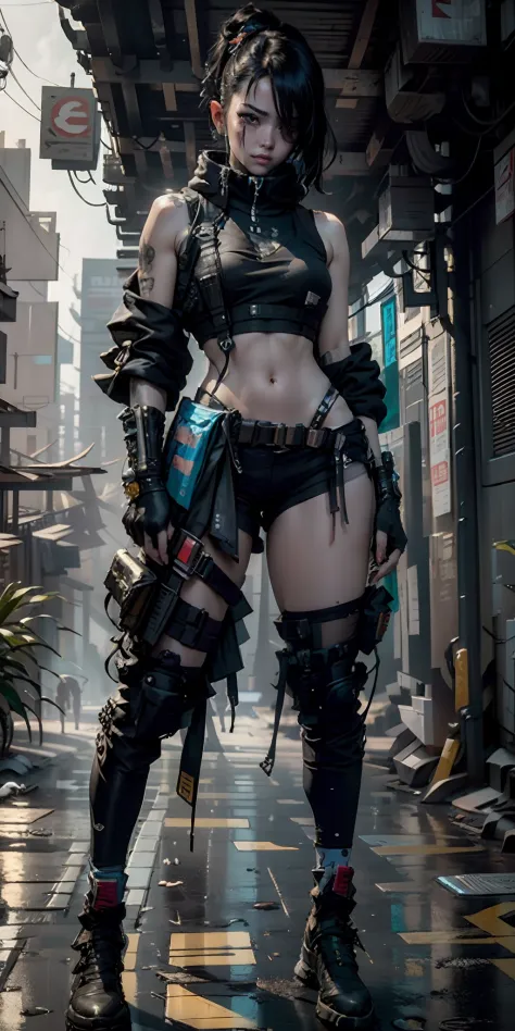 ((Best quality)), ((masterpiece)), (highly detailed:1.3), 3D, beautiful (cyberpunk:1.3) street samurai woman with thick shapeles...