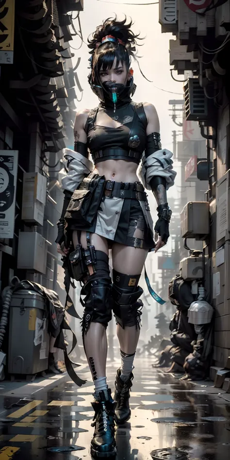 ((Best quality)), ((masterpiece)), (highly detailed:1.3), 3D, beautiful (cyberpunk:1.3) street samurai woman with thick shapeles...