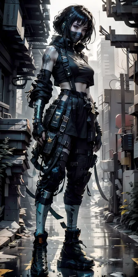 ((Best quality)), ((masterpiece)), (highly detailed:1.3), 3D, beautiful (cyberpunk:1.3) street samurai woman with thick shapeless hair, pistols worn on hips, cinematic lighting, depth of field.