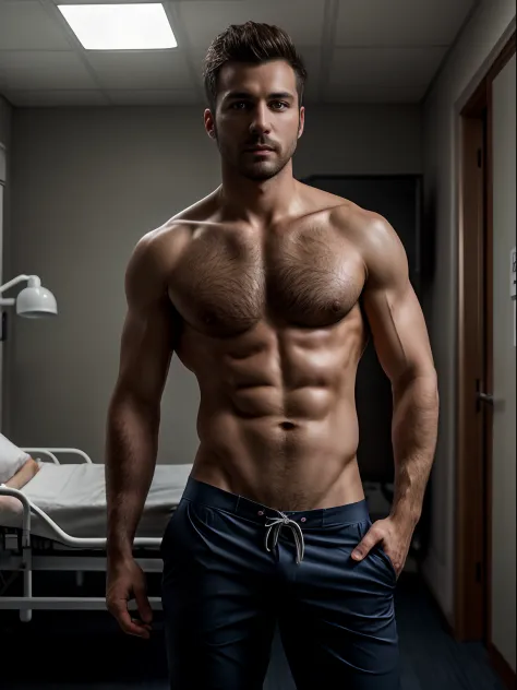 masterpiece, best quality, high resolution, closeup portrait, male focus, solo focus, a man, half naked doctor, doctor uniform, bare chest, hairy legs, in the background a hospital room,  amazing composition, front view, HDR, volumetric lighting, ultra qua...