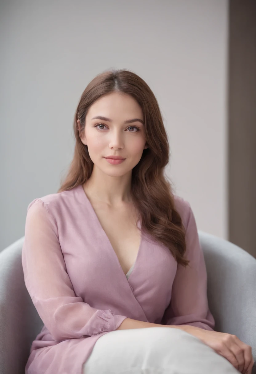 Young woman sitting in an armchair in light magenta and light gray style, Calm and meditative, barbizon school, exaggerated facial features, japanes, Light brown and white, Happy Core, (Upper body)