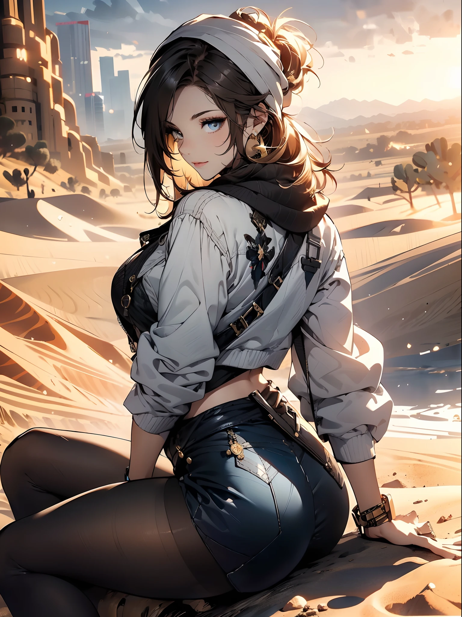 a matured woman with long black hair and a white outfit, ((in a desert:1.5)), (resting in oasis:1.2, at lakeside:1.2, sitting cross-legged:1.0, with Indian style), Arabic, (Post apocalyptic:1.0), from arknights, artwork in the style of guweiz, bodyesbian, fine details. girls frontline, beautiful anime illustration, from girls frontline, by Yang J, stunning, 26 years old, (solo:1.5), (sfw:1.25), sagging breast, large breasts, big tits, thin waist, big ass, Raised sexy, (dark mahogany medium short hair, updo, hair over one eye, asymmetric hair, Carly hair, low tied),(musulman, white Headscarfs, hair bands, head vandage, Turban), (ultra high resolution, 8K RAW photo, photo realistics, weak outline:1.3, clear focus), best qualtiy, natural lighting, blurry back ground, field depth, (Bright pupils, detailed beautiful eyes, high detailed face), Red lip, looking at viewers, (tight focus:1.2, from above), sexy posing, seductive weak smiling, center image, (wearing white long jacket and clothes, wearing denim short pants, gold ornaments, white clothes rolling around waist, camel-brown long leather boots, translucent lace pantyhose), ((correct anatomy:1.5)), ((outdoor:1.2)),