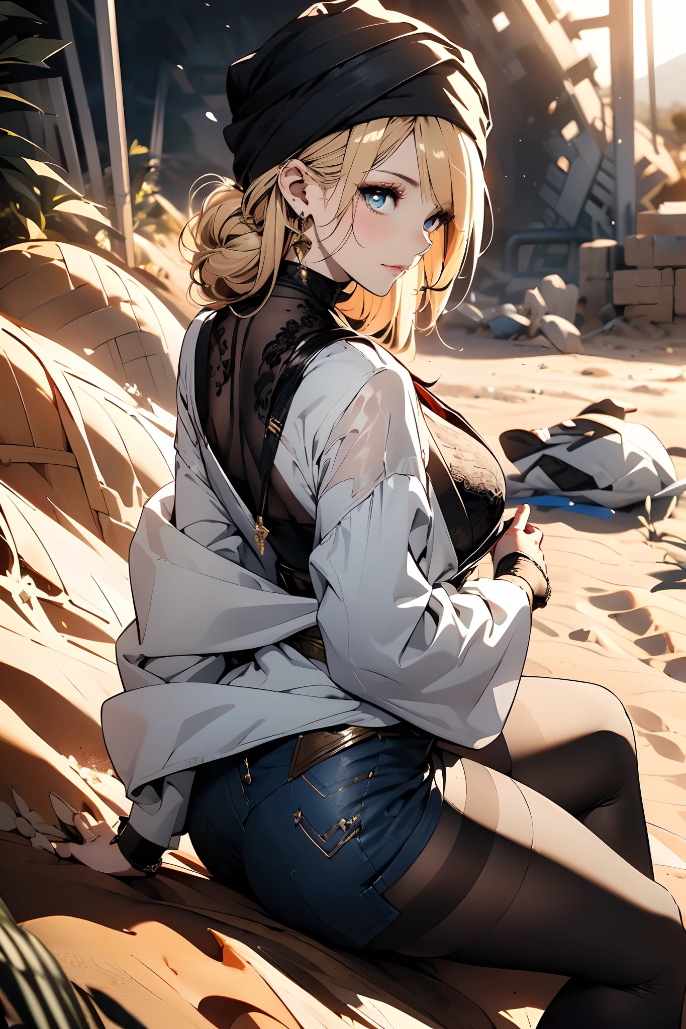 a matured woman with long black hair and a white outfit, ((in a desert:1.5)), (resting in oasis:1.2, at lakeside:1.2, sitting cross-legged:1.0, with Indian style), Arabic, (Post apocalyptic:1.0), from arknights, artwork in the style of guweiz, bodyesbian, fine details. girls frontline, beautiful anime illustration, from girls frontline, by Yang J, stunning, 26 years old, (solo:1.5), (sfw:1.25), sagging breast, large breasts, big tits, thin waist, big ass, Raised sexy, (dark mahogany medium short hair, updo, hair over one eye, asymmetric hair, Carly hair, low tied),(musulman, white Headscarfs, hair bands, head vandage, Turban), (ultra high resolution, 8K RAW photo, photo realistics, weak outline:1.3, clear focus), best qualtiy, natural lighting, blurry back ground, field depth, (Bright pupils, detailed beautiful eyes, high detailed face), Red lip, looking at viewers, (tight focus:1.2, from above), sexy posing, seductive weak smiling, center image, (wearing white long jacket and clothes, wearing white robes, wearing denim short pants, gold ornaments, white clothes rolling around waist, camel-brown long leather boots, translucent lace pantyhose), ((correct anatomy:1.5)), ((outdoor:1.2)),