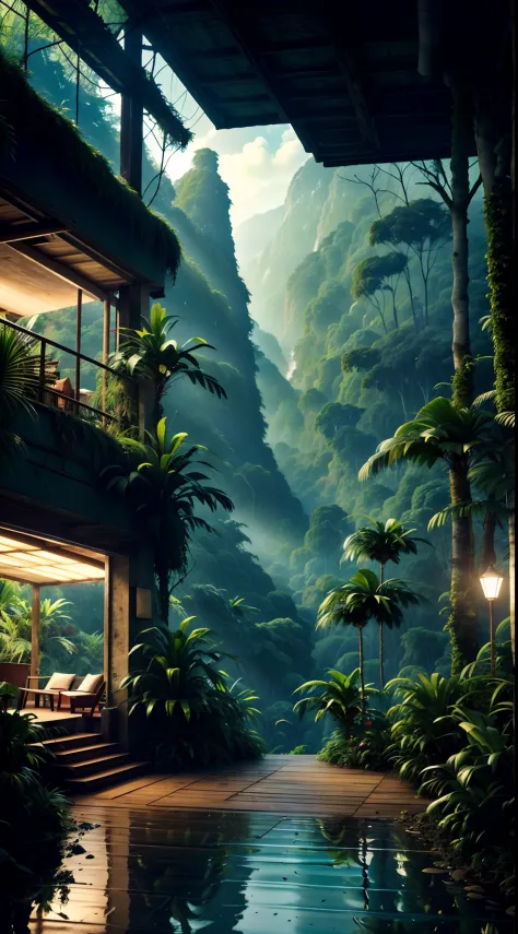 Sala de estar com vista para uma montanha e uma floresta, mountainous jungle setting, jungle setting, Como uma cena de Blade Run...
