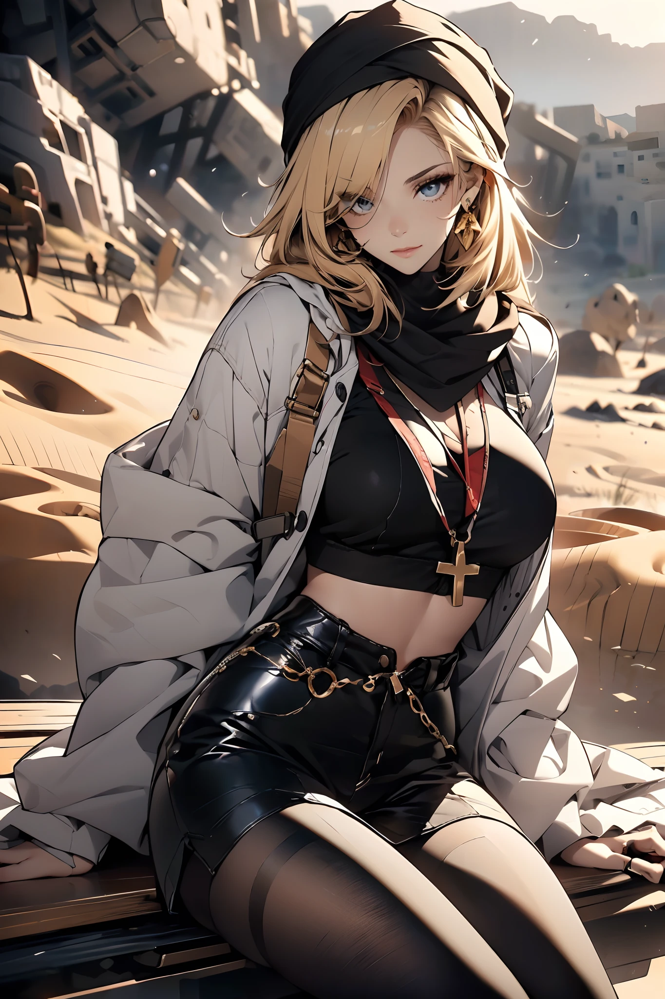 a matured woman with long black hair and a white outfit, ((in a desert:1.5)), (resting in oasis:1.2, at lakeside:1.2, sitting cross-legged:1.0, with Indian style), Arabic, (Post apocalyptic:1.0), from arknights, artwork in the style of guweiz, bodyesbian, fine details. girls frontline, beautiful anime illustration, from girls frontline, by Yang J, stunning, 26 years old, (solo:1.5), (sfw:1.25), sagging breast, large breasts, big tits, thin waist, big ass, Raised sexy, (dark mahogany medium short hair, updo, hair over one eye, asymmetric hair, Carly hair, low tied),(musulman, white Headscarfs, hair bands, head vandage, Turban), (ultra high resolution, 8K RAW photo, photo realistics, weak outline:1.3, clear focus), best qualtiy, natural lighting, blurry back ground, field depth, (Bright pupils, detailed beautiful eyes, high detailed face), Red lip, looking at viewers, (tight focus:1.2, from above), sexy posing, seductive weak smiling, center image, (wearing white long jacket and clothes, wearing white robes, wearing denim short pants, gold ornaments, white clothes rolling around waist, camel-brown long leather boots, translucent lace pantyhose), ((correct anatomy:1.5)), ((outdoor:1.2)),