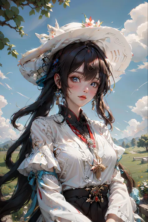 《Genshin Impact》hu tao, White background, leisure wear, Casual T-shirt, Cute pose, large grassland, Beautiful woman in a sun hat...
