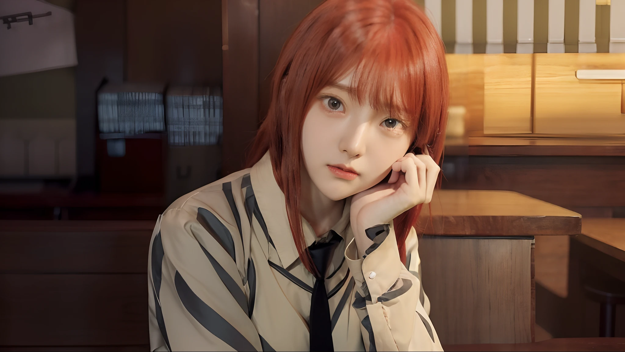 anime girl with red hair and a tie sitting at a table, ( ( ( yoshinari yoh ) ) ), kurisu makise steins gate anime, close up iwakura lain, anime visual of a young woman, anime visual of a cute girl, today's featured anime still, close up of iwakura lain, iwakura lain