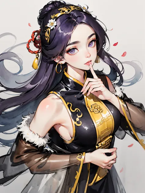 (((((((Chinese ink painting，watercolor paiting，ancient chinese costume,bare shoulders,very long sleeves,purple hair,see-through sleeves,fur cuffs,hair from mouth,mouth drool，brown vest)))))))，((1lady,adorable korean mixed race of Saudi Arabia girl，rosto ma...
