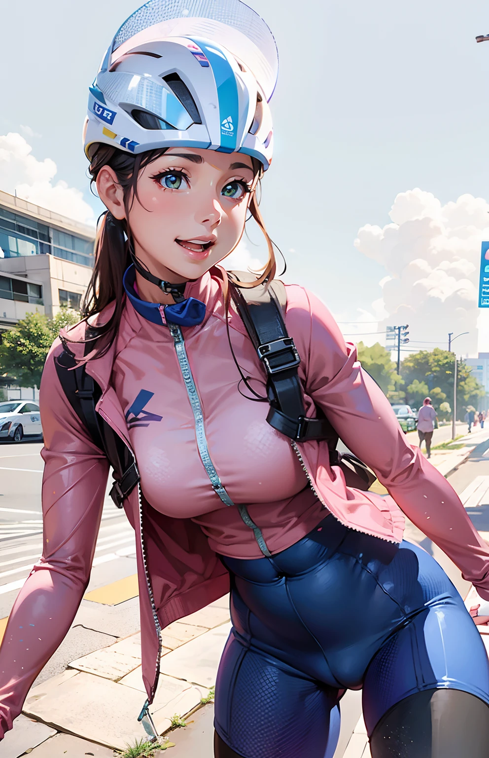 Woman riding a bicycle in a pink shirt and blue shorts, Wearing a white bicycle helmet, thicc, huge tit, Plump crotch, Fitness model, A smile, Cycling!!