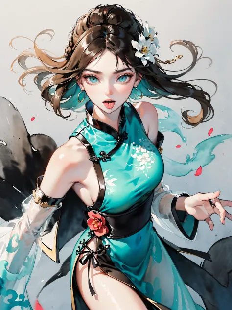 (((((((Chinese ink painting，watercolor paiting，ancient chinese costume,bare shoulders,very long sleeves,cyan hair,see-through sl...
