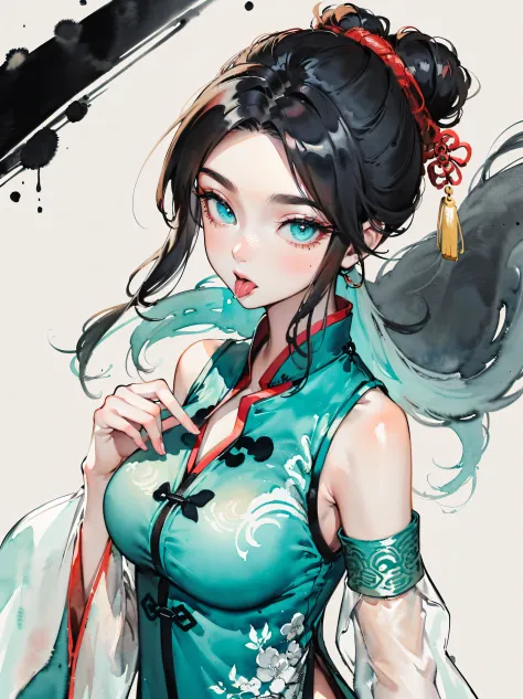 (((((((Chinese ink painting，watercolor paiting，ancient chinese costume,bare shoulders,very long sleeves,cyan hair,see-through sl...