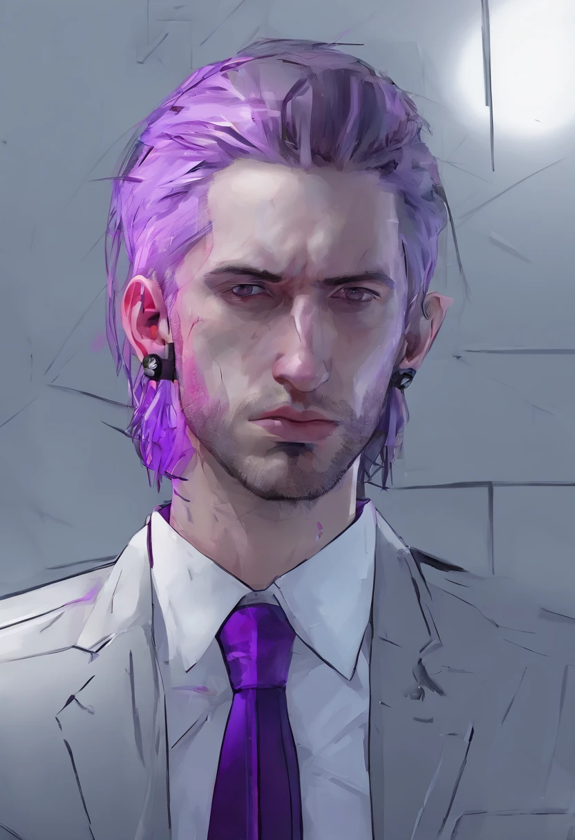 ((Skinny, lanky, normal, mid-30s, unshaven, white, ((American, pale skin, english)), male, businessman wearing a basic suit and tie, nose ring, tired, unhappy)), cowboy shot, (black short shaggy hair with purple highlights), ((sitting in their house)), (highly detailed photo realistic), sharp focus, ultra high quality, gloomy, masterpiece, (cinematic lighting), ((male))