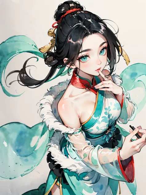 (((((((Chinese ink painting，watercolor paiting，ancient chinese costume,off shoulders,very long sleeves,black hair,see-through sleeves,fur cuffs,hair from mouth,Cyan lining)))))))，((1lady,adorable korean mixed race of Saudi Arabia girl，rosto magro，Solo,))(M...