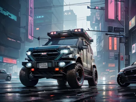 (late at night raining:1.3), (detailed beautiful skin textures, detailed beautiful face, ultra detailed clothing textures), , (Cyberpunk:1.4), , (an ultra detailed (cyberpunk custumed:1.5) and 2-doors (very small utility vehicle:1.5) with (loads on roof ra...