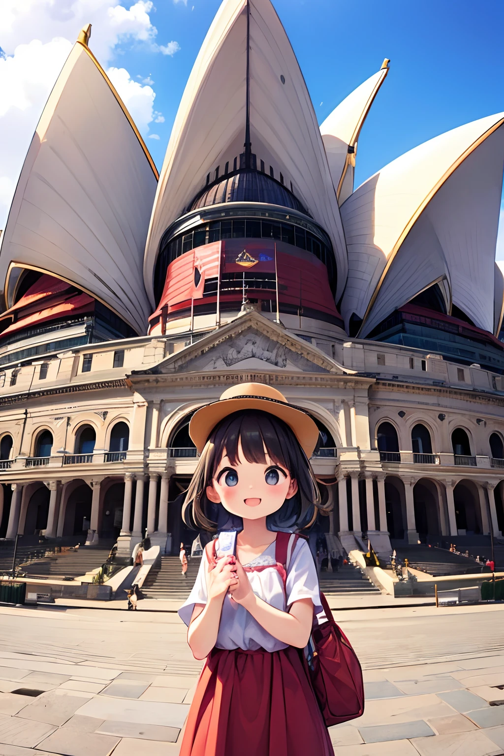 Tourismus in Australien、Opernhaus、Kawaii-Mädchen、glückliches Gesicht、braune Haut、Meisterwerk、Top Qualität、Beste Bildqualität