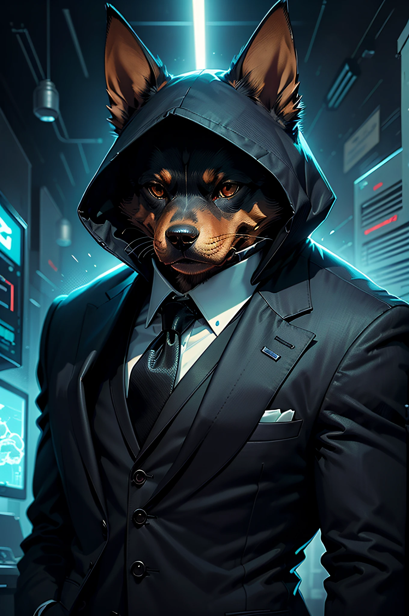 (黒いスーツとネクタイを着た男性)コミックストリップ、擬人化されたドーベルマン犬、サイバーパンク