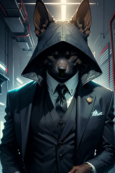 (Man in black suit and tie)comic strip、Anthropomorphic Doberman dog、cyberpunked