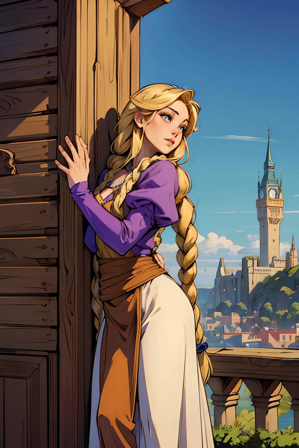 Arte inspirado no en el estilo de Arthur Adams., rapunzel, Rubia con sus largas trenzas esperando la llegada de su príncipe en lo alto de una torre