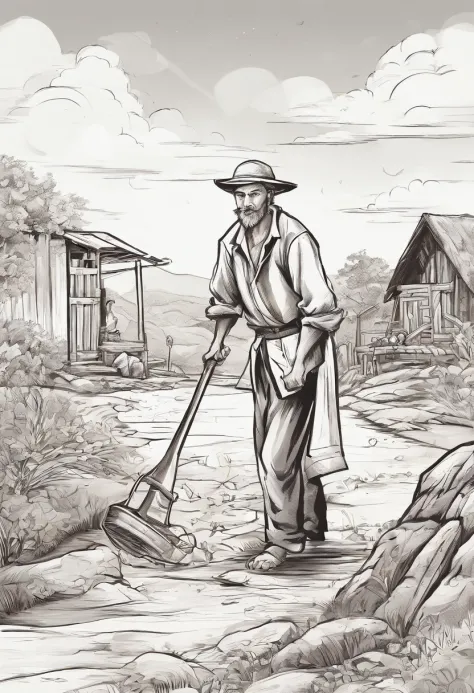 A black and white commercial illustration of a man dressed as a peasant, parecendo cansado, Holding a digger in his right hand. He is digging an artesian well in search of water, localizado perto de sua aldeia. The village is depicted in a rustic way, com ...