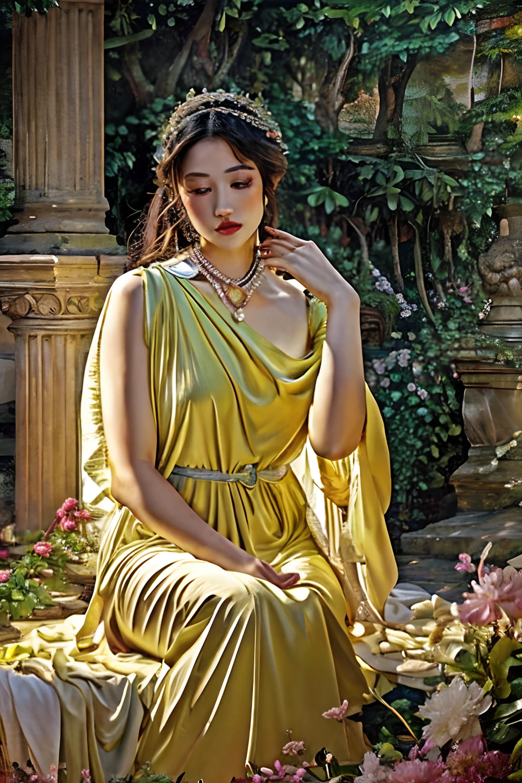 A beautiful woman in an ancient Roman dress, Eumachia, in HD and 8k quality with vibrant colors [vivid colors], capturing the essence of ancient Rome [realistic]. The woman is depicted with stunning detailed eyes and lips [beautiful detailed eyes, beautiful detailed lips], radiating elegance and grace. The Roman dress flows gracefully, with intricate patterns and textures [ultra-detailed], showcasing the craftsmanship of the era. The scene is set in an idyllic garden [garden], surrounded by lush greenery and vibrant flowers. The lighting is soft [soft lighting], casting a warm glow on the woman, highlighting her beauty and adding depth to the image. The overall color tone is rich and warm [rich color tones], reminiscent of the Mediterranean climate of ancient Rome. The image is a masterpiece [masterpiece:1.2] of art, worthy of admiration and appreciation.