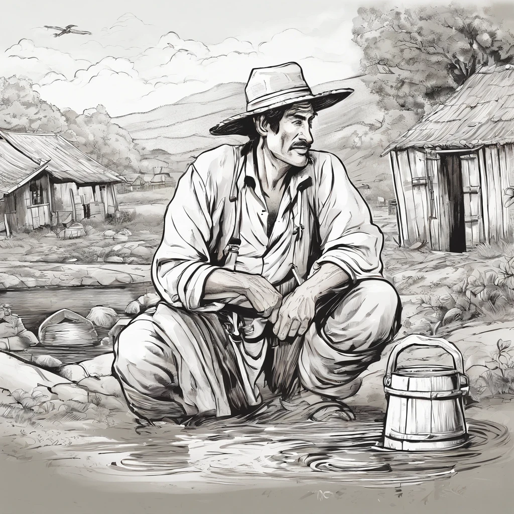 A black and white commercial illustration of a man dressed as a peasant, parecendo cansado, Holding a digger in his right hand. He is digging an artesian well in search of water, localizado perto de sua aldeia. The village is depicted in a rustic way, com terra seca ao redor. The image should have a comedic style, with fine strokes and a touch of manga. O trabalhador do campo deve ser retratado em detalhes, with his facial expression demonstrating fatigue and determination in his task. A imagem deve ser em preto e branco, with a pencil and ink caricature drawing style. Be sure to capture the peasant's effort as he digs, symbolizing resilience in the face of the challenges of village life.", HD, 16k