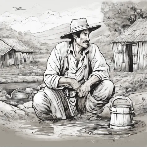 A black and white commercial illustration of a man dressed as a peasant, parecendo cansado, Holding a digger in his right hand. He is digging an artesian well in search of water, localizado perto de sua aldeia. The village is depicted in a rustic way, com ...